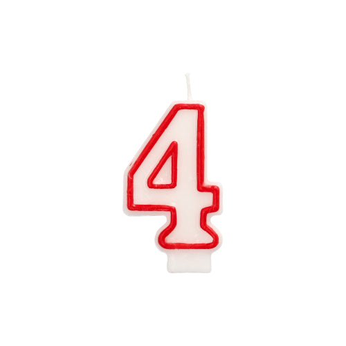 The PAPSTAR number candle 7.3 cm white with a red edge from PAPSTAR GmbH is a white number candle with a red edge, ideal for birthdays or anniversaries, depicted on a plain white background.