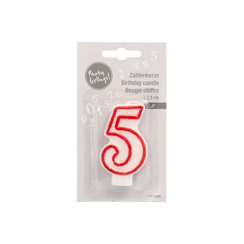 The PAPSTAR GmbH number candle (7.3 cm), white with a red border, is delivered in a clear packaging on a gray card - ideal for birthdays or anniversaries.