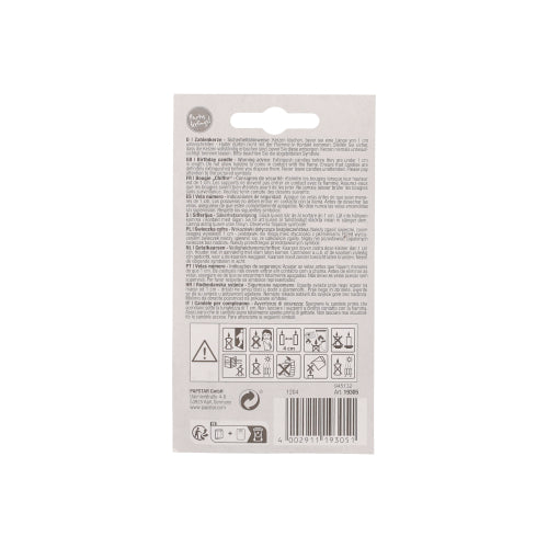 The back of a PAPSTAR number candle 7.3 cm white with red border packaging of the PAPSTAR GmbH shows multilingual instructions, safety warnings, handling symbols, barcode, and recycling symbols in black on white - ideal for birthdays and anniversaries.