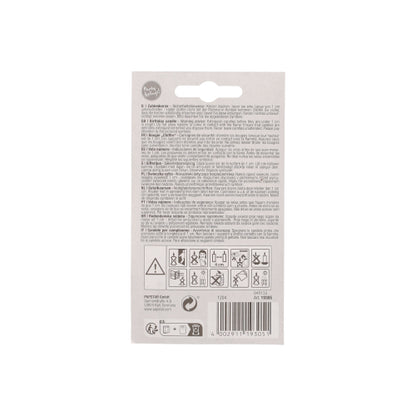 The back of a PAPSTAR number candle 7.3 cm white with red border packaging of the PAPSTAR GmbH shows multilingual instructions, safety warnings, handling symbols, barcode, and recycling symbols in black on white - ideal for birthdays and anniversaries.