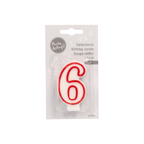 The PAPSTAR number candle 7.3 cm in the shape of the number 6 in white with a red border is ideal for birthdays or anniversaries. It is delivered in clear packaging with multilingual labeling on a gray carrier card from PAPSTAR GmbH.