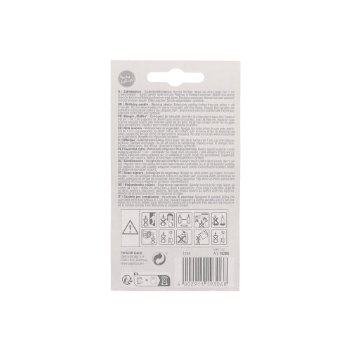 On the back of the packaging of the PAPSTAR number candle 7.3 cm white with red border are instructions in several languages, safety warning symbols, a barcode, and information about PAPSTAR GmbH - perfect for birthdays or anniversaries on a plain white background.