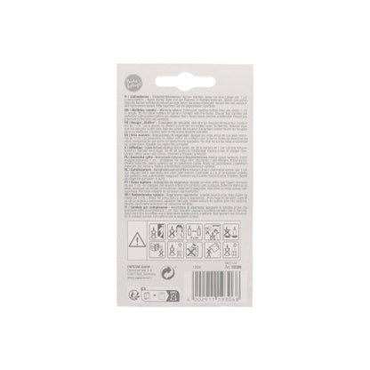 On the back of the packaging of the PAPSTAR number candle 7.3 cm white with red border are instructions in several languages, safety warning symbols, a barcode, and information about PAPSTAR GmbH - perfect for birthdays or anniversaries on a plain white background.