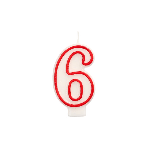 The PAPSTAR GmbH number candle 7.3 cm, white with a red border, in the shape of the number 6, is ideal for birthdays or anniversaries and is presented against a white background.