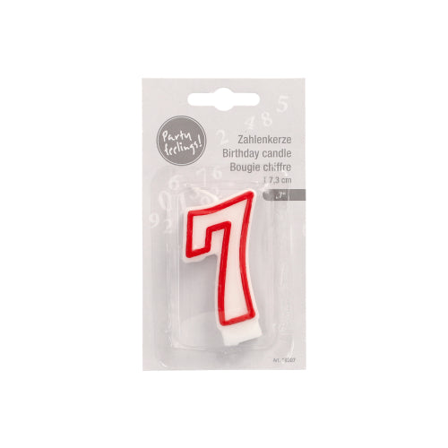 The number candle 7.3 cm white with red border from PAPSTAR GmbH is a candle with the number 7, white center, and red border, ideal for birthdays or anniversaries. The packaging shows its height of 7.3 cm and the product name in various languages.