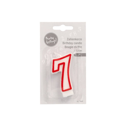 The number candle 7.3 cm white with red border from PAPSTAR GmbH is a candle with the number 7, white center, and red border, ideal for birthdays or anniversaries. The packaging shows its height of 7.3 cm and the product name in various languages.