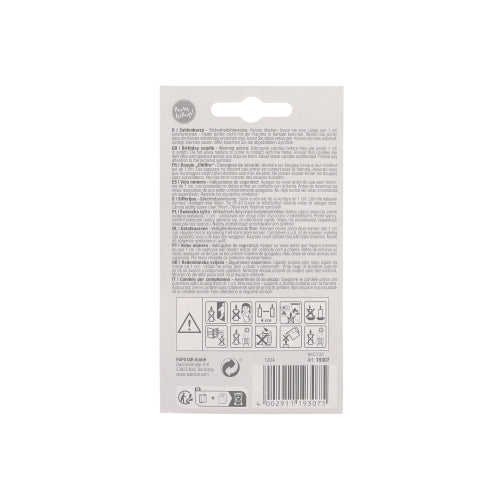 The PAPSTAR number candle 7.3 cm white with red border from PAPSTAR GmbH is delivered in packaging with multilingual instructions, safety symbols, barcode, recycling symbols, and a hanging tab - ideal for anniversaries and birthdays.