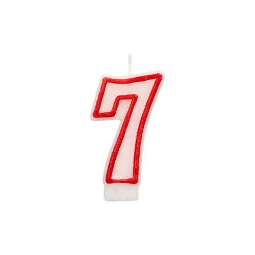 The number candle 7.3 cm from PAPSTAR GmbH in white with a red border in the shape of the number 7 is ideal for birthdays and anniversaries and appears on a plain white background.