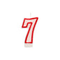 The number candle 7.3 cm from PAPSTAR GmbH in white with a red border in the shape of the number 7 is ideal for birthdays and anniversaries and appears on a plain white background.