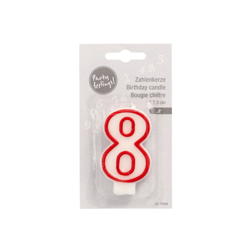 The number candle 7.3 cm from PAPSTAR GmbH in white with a red border in the shape of the number 8 is ideal for birthdays or anniversaries. The packaging is multilingual.