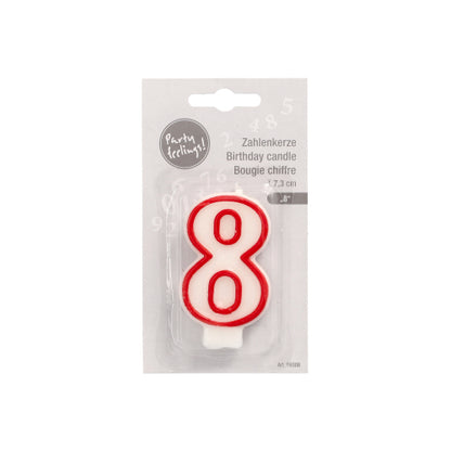 The number candle 7.3 cm from PAPSTAR GmbH in white with a red border in the shape of the number 8 is ideal for birthdays or anniversaries. The packaging is multilingual.