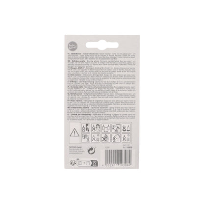 The image shows the back of a PAPSTAR number candle 7.3 cm white with red border packaging from PAPSTAR GmbH, with multilingual instructions, warning symbols, barcode, and recycling symbols - perfect for anniversaries and birthdays.