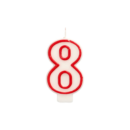 The number candle 7.3 cm from PAPSTAR GmbH in white with a red border, in the shape of the number 8, is ideal for birthdays or anniversaries and is depicted on a plain white background.