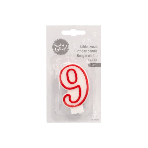 The number candle 7.3 cm from PAPSTAR GmbH in white with a red outline in the shape of the number 9 is ideal for birthdays or anniversaries. The packaging contains multilingual text and a "party feeling!" label.