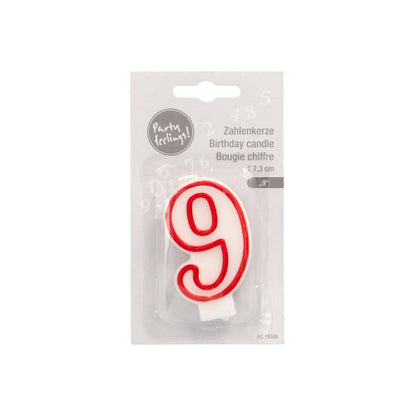 The number candle 7.3 cm from PAPSTAR GmbH in white with a red outline in the shape of the number 9 is ideal for birthdays or anniversaries. The packaging contains multilingual text and a "party feeling!" label.