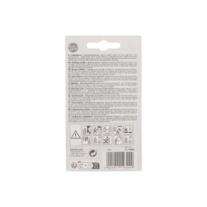 Back of the PAPSTAR number candle 7.3 cm white with red border from PAPSTAR GmbH. Multilingual text, safety symbols, recycling symbols, barcode. Ideal for anniversaries and birthdays. Contains usage warnings and is equipped with a hole at the top for hanging.