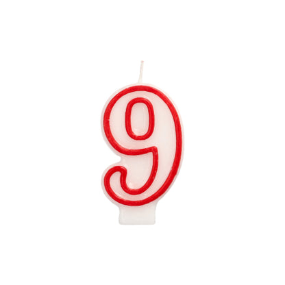The number candle from PAPSTAR GmbH, 7.3 cm tall, in white with a red border, is shaped like the number 9 - ideal for birthdays and anniversaries - on a plain white background.