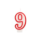 The number candle from PAPSTAR GmbH, 7.3 cm tall, in white with a red border, is shaped like the number 9 - ideal for birthdays and anniversaries - on a plain white background.