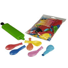 A green balloon pump from PAPSTAR GmbH is shown next to six uninflated, color-sorted balloons and a transparent package of PAPSTAR balloons color-sorted with pump, Ø 22 cm (100 pieces).