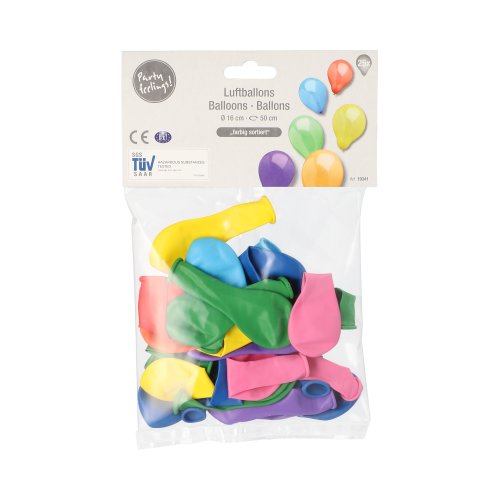 Ein durchsichtiger Beutel der PAPSTAR GmbH enthält 25 sortierte 16 cm große Luftballons in den Farben blau, grün, gelb und pink. Das Etikett zeigt "Party Feeling!", mehrsprachigen Text und Illustrationen für PAPSTAR Luftballons Ø 16 cm.