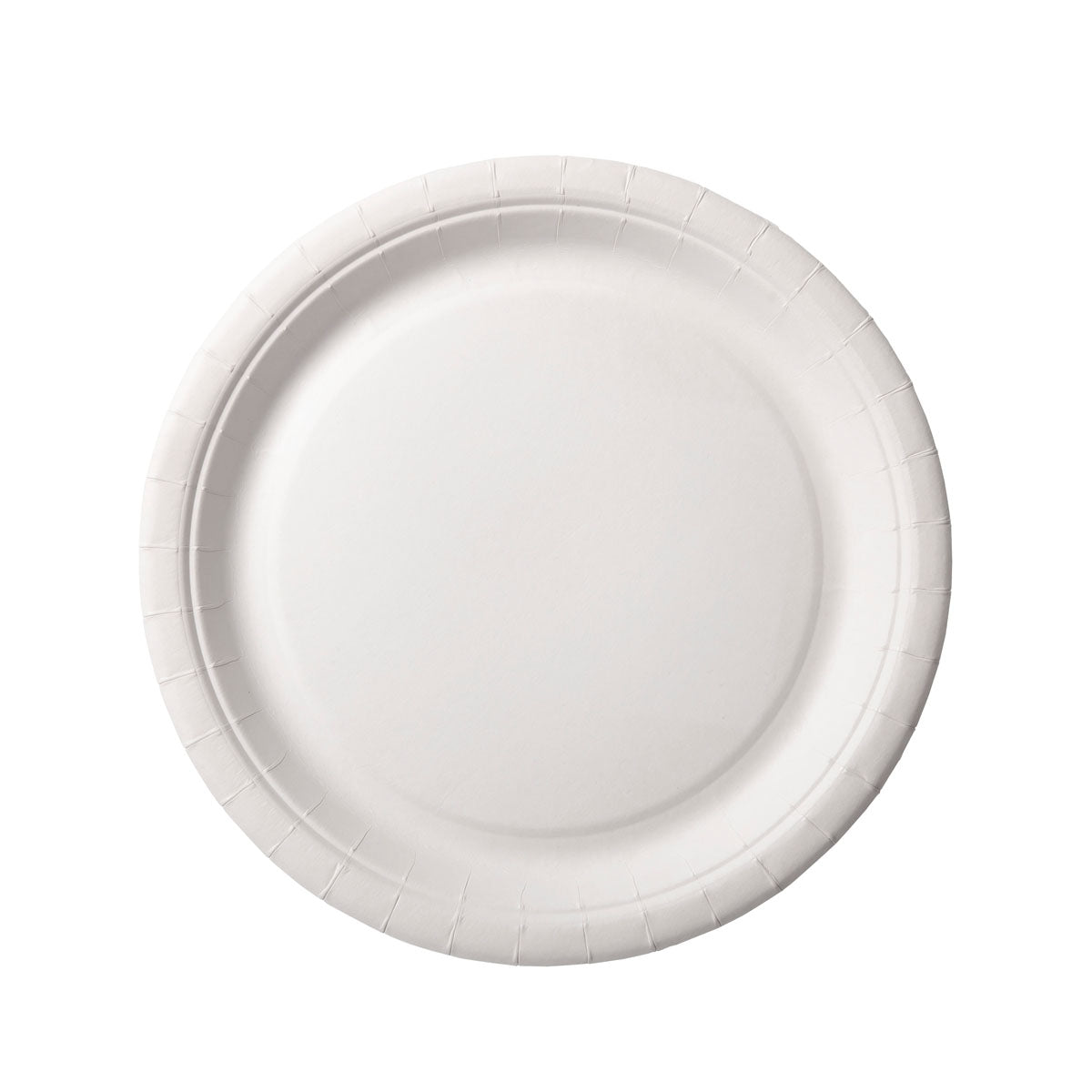 A round, white 18-cm paper plate from Duni GmbH (pack of 100 pieces) is seen from above on a white background and has a slightly raised edge with a subtle texture.
