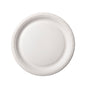 A round, white 18-cm paper plate from Duni GmbH (pack of 100 pieces) is seen from above on a white background and has a slightly raised edge with a subtle texture.