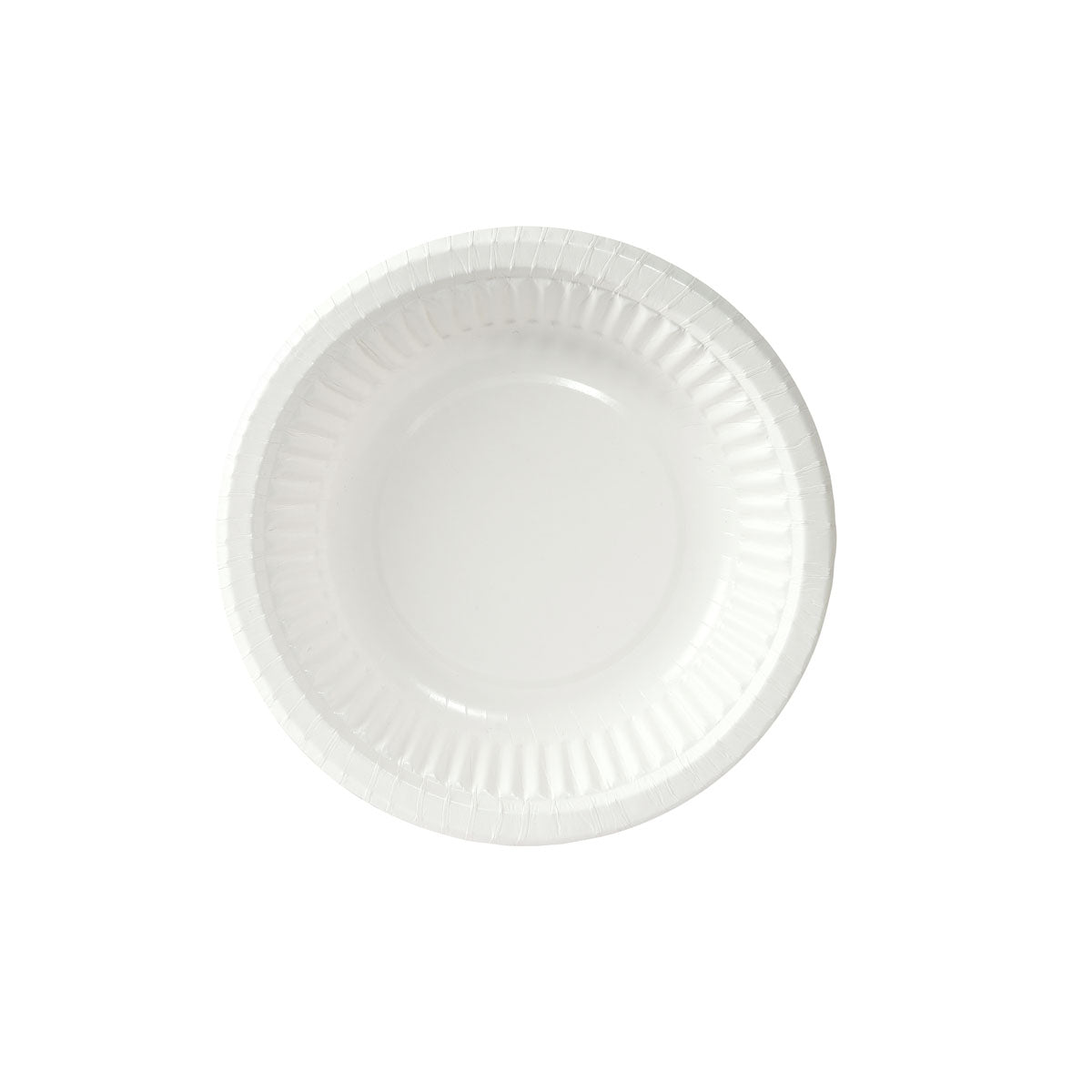 A simple white Duni GmbH soup plate ø 18 cm (300 ml, cardboard, pack of 50 pieces) is depicted from above on a white background. The environmentally friendly cardboard plate is characterized by a simple, corrugated edge design.