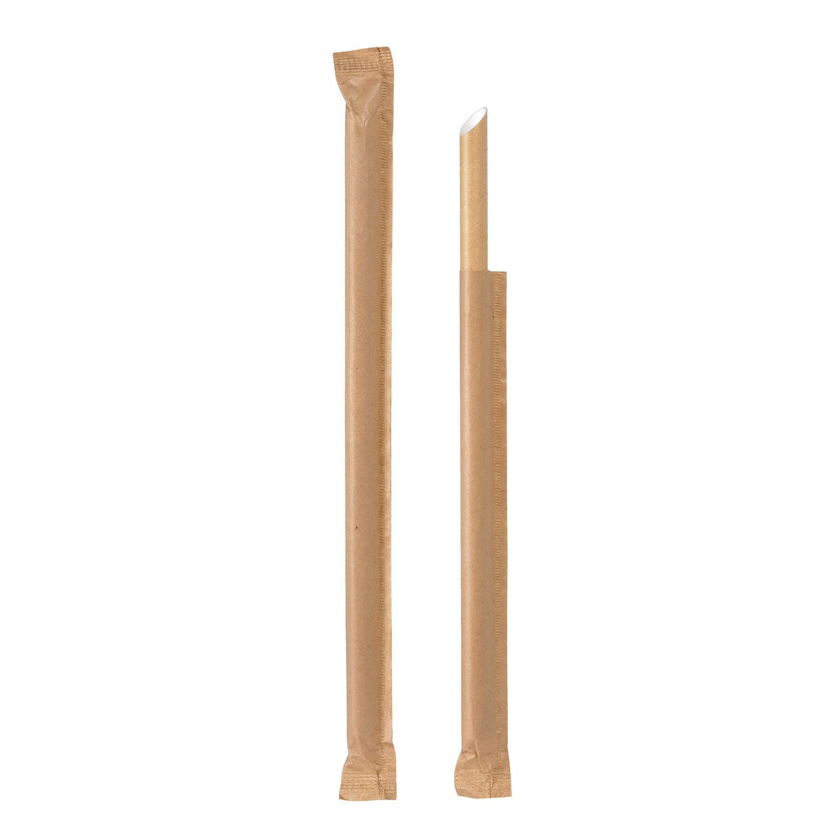A brown-wrapped Duni GmbH straw with a piercing tip FSC® paper (Ø10 mm, 230 mm) stands next to an identical straw, whose packaging has been partially removed. Both stand upright against a white background. Sold in packs of 100.
