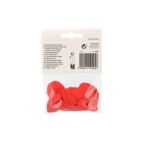 In a transparent bag are several flat, red PAPSTAR decorative scatter wood hearts for decoration, topped with a beige label with product info and barcode. From PAPSTAR GmbH: ideal wood heart accents for creative decorations.