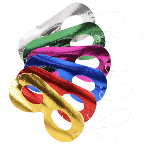 Six colorful PAPSTAR GmbH face masks "Metallic" assorted colors (6 pieces) with eye holes and white rubber band, perfect for parties or celebrations. Each mask comes in a metallic finish and is delivered in a convenient pouch.