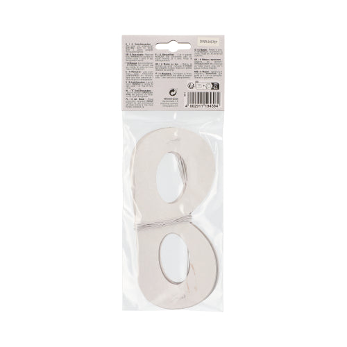 A pack of silver metallic number cutouts is sealed in a clear plastic bag with a cardboard header, similar to PAPSTAR GmbH face masks "Metallic" assorted colors, pouch (6 pieces), and contains product information and a barcode.