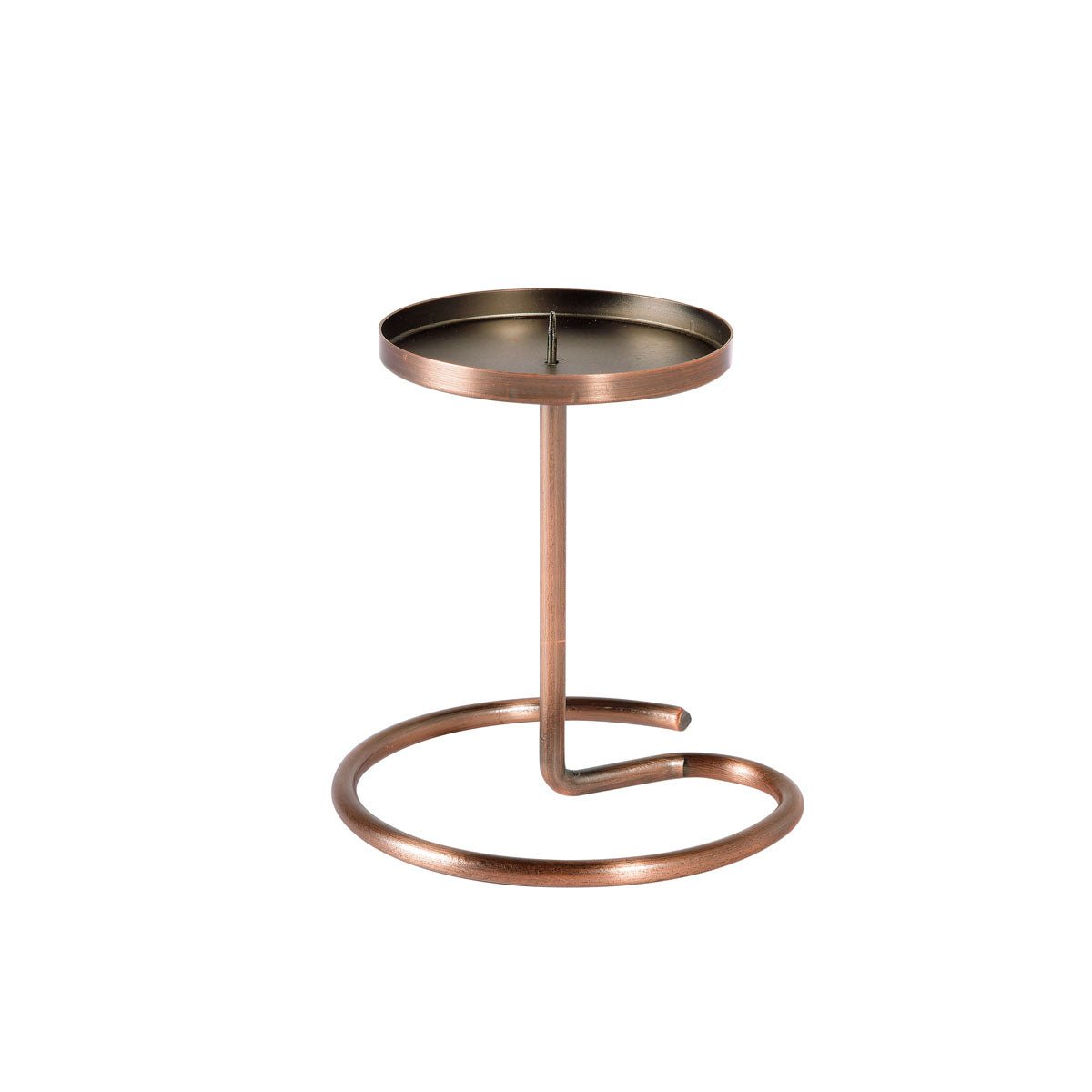 The Swirl 100 x 100 mm rustic metal from Duni GmbH is a small, round side table made of metal with a raised edge, bronze-colored finish, and unique round base. Its design with a single vertical rod adds charm to any room as a decorative accent.