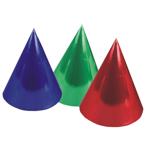 Three PAPSTAR hats colorfully assorted "Metallic" from PAPSTAR GmbH stand next to each other in blue, green, and red. Their shiny, reflective surface is ideal for adding a festive flair to any party decoration. The bag contains 6 pieces.