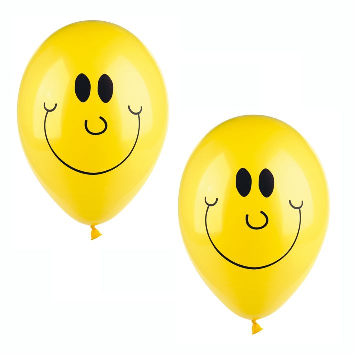 Two PAPSTAR 10 balloons Ø 25 cm from PAPSTAR GmbH made of high-quality latex with black smiley faces happily decorated against a white background.