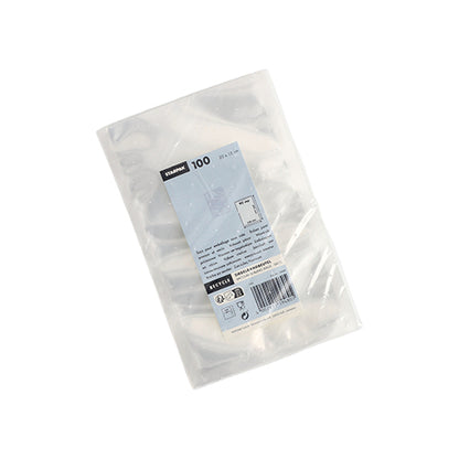 A clear plastic packaging with 100 transparent Starpak vacuum bags (PA/PE), with a blue and white label with product details and barcode; stacked sleeves are visible through the packaging.
