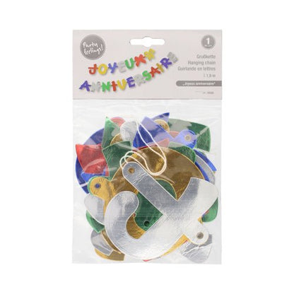 The PAPSTAR GmbH greeting chain (1.9 m) "Joyeux Anniversaire" is a festive, colorful garland for birthday decorations with metallic letters. It is delivered in a clear plastic bag with a labeled lid.