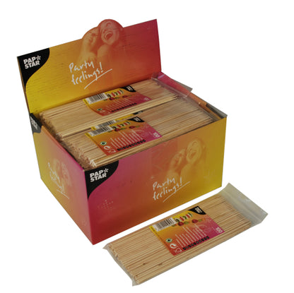 A pack of 100 PAPSTAR wooden skewers (Ø 3 mm, 20 cm) from PAPSTAR GmbH - perfect for grill parties and BBQs, packaged in a clear bag with colorful "Party feeling!" design for festive occasions.