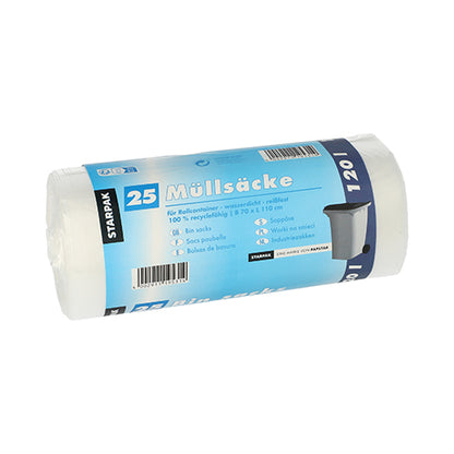 A roll of 25 Starpak garbage bags made from HDPE with a blue-white label, 120 l capacity (110 x 70 cm), including recycling details in German.