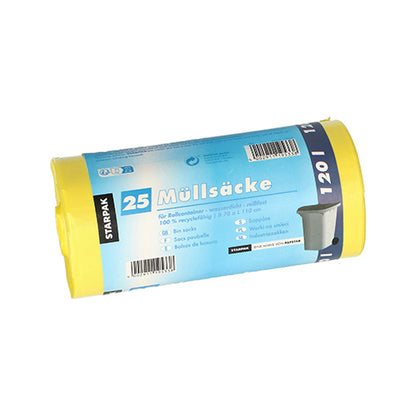 A roll of Starpak 25 garbage bags, HDPE 120 l (110 cm x 70 cm), consists of a yellow bag, a blue label with '25 garbage bags', product details, and a small garbage bin image.