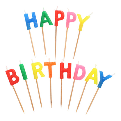 The PAPSTAR letter candles "Happy Birthday" (8 cm) by PAPSTAR GmbH are colorful letter candles on wooden sticks, arranged in two festive rows - each letter in a different color, perfect for birthday decoration.