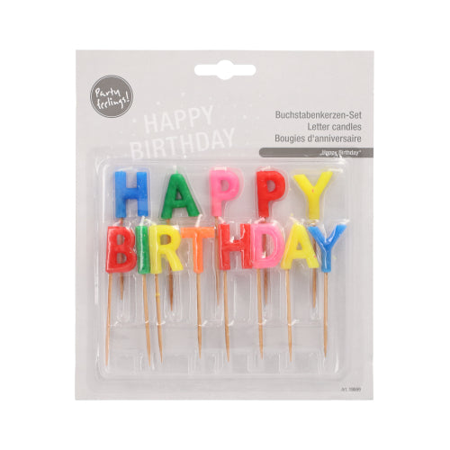 The PAPSTAR letter candles "Happy Birthday", 8 cm, by PAPSTAR GmbH, come as a single blister pack - festive letter candles on a stick, ideal birthday candles for decorating any celebration.