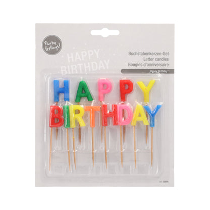 The PAPSTAR letter candles "Happy Birthday", 8 cm, by PAPSTAR GmbH, come as a single blister pack - festive letter candles on a stick, ideal birthday candles for decorating any celebration.