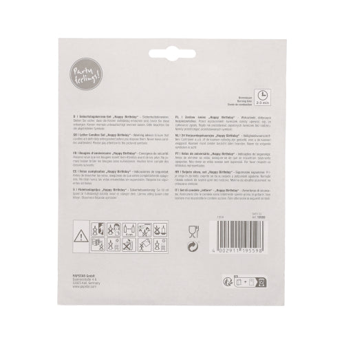 On the back of the PAPSTAR letter candles "Happy Birthday", 8 cm, blister (1 piece) by PAPSTAR GmbH, there are multilingual instructions, safety and recycling symbols, barcodes, as well as the name and address of the brand on a light gray background.