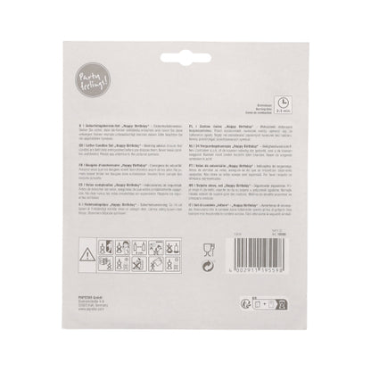 On the back of the PAPSTAR letter candles "Happy Birthday", 8 cm, blister (1 piece) by PAPSTAR GmbH, there are multilingual instructions, safety and recycling symbols, barcodes, as well as the name and address of the brand on a light gray background.