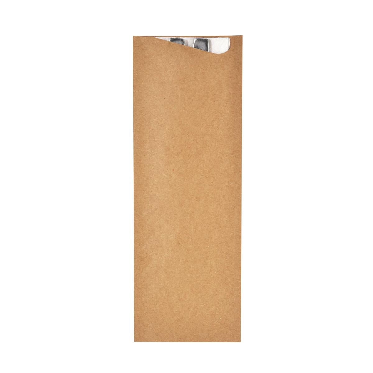 The sleeve SACCHETTO EcoEcho 250x85 mm from Duni GmbH made of eco-friendly kraft paper contains metal cutlery with open handles at the top and is depicted on a plain white background. The package contains 350 non-sealable sleeves.