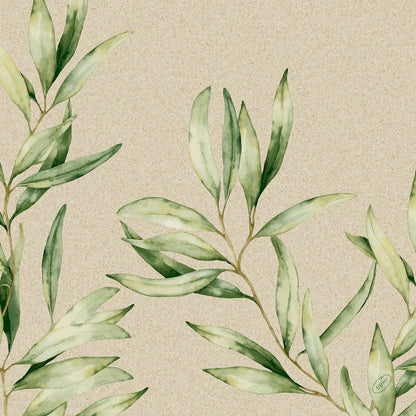 Watercolor green, leafy branches with slender leaves extend diagonally across a beige, textured background, designed for the classic napkins 40 x 40 cm 4-ply, embossed 1/4 fold by Duni GmbH.