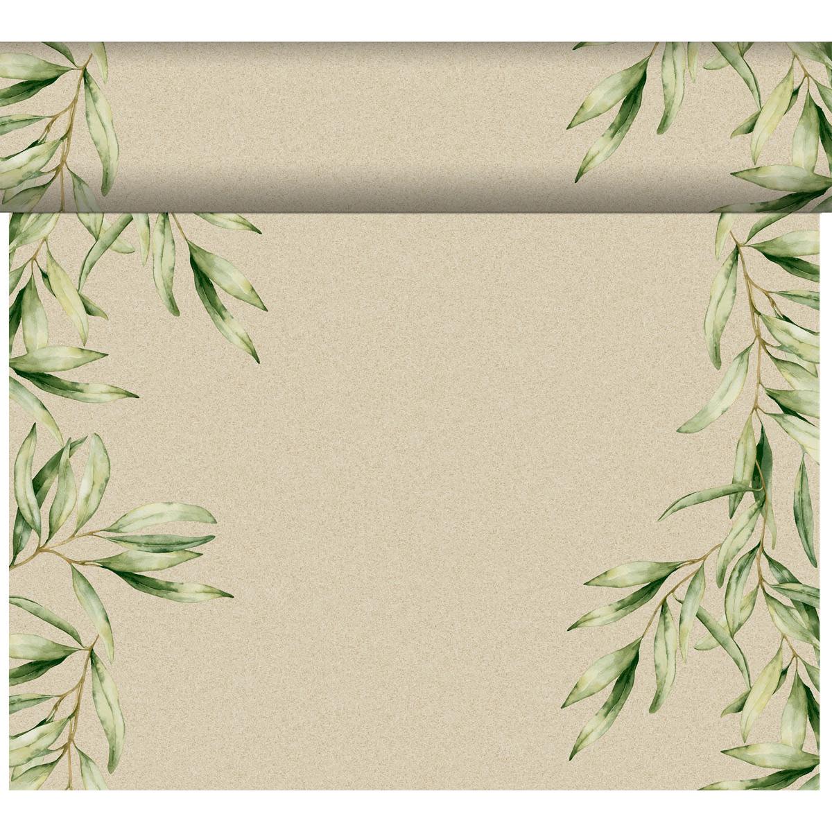 Beige Dunicel table runner Tête-à-Tête by Duni GmbH (24 m x 0.4 m, 20 sections) with green watercolor leaves at the edges and rolled paper effect - ideal for inspiration or elegant table decoration.