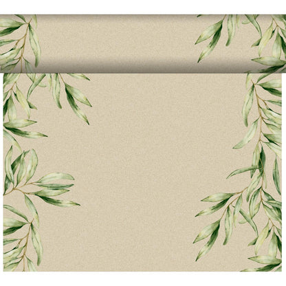 Beige Dunicel table runner Tête-à-Tête by Duni GmbH (24 m x 0.4 m, 20 sections) with green watercolor leaves at the edges and rolled paper effect - ideal for inspiration or elegant table decoration.
