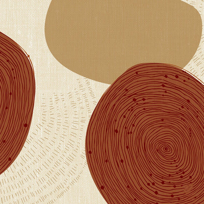 Abstract image with large, overlapping beige and brown shapes, inspired by the classic napkins 40 x 40 cm 4-ply, embossed 1/4 fold by Duni GmbH. With circular shapes with concentric accents and an irregular light brown shape on a linear background.
