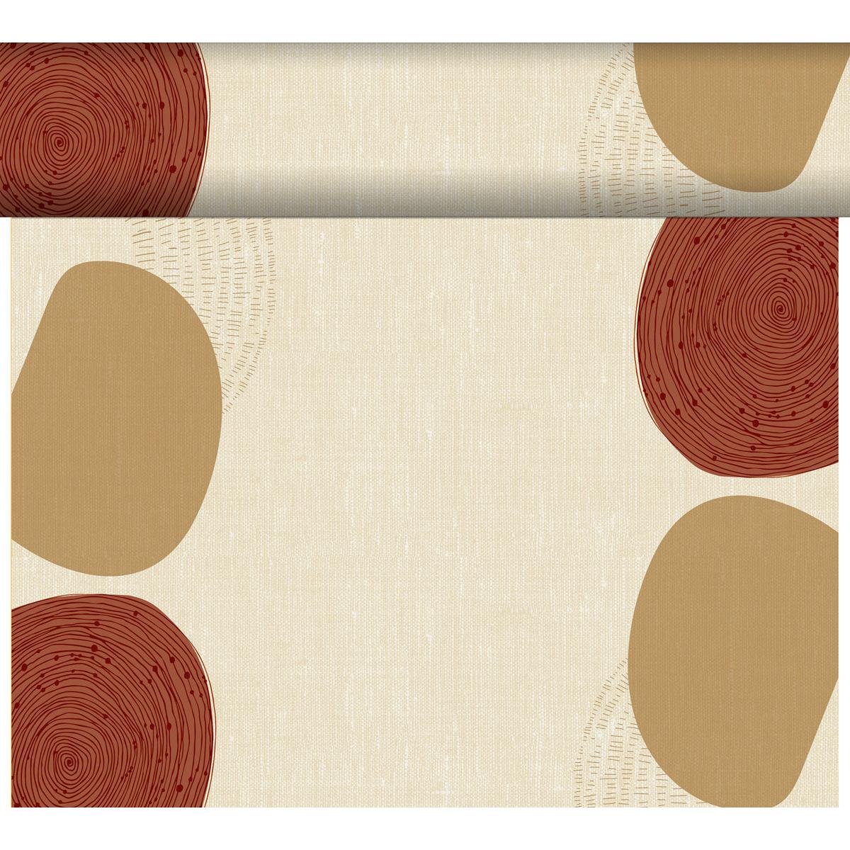 A beige background with large brown and rust-colored forms accentuates the edges, while a Dunicel table runner Tête-à-Tête (24 m x 0.4 m, 20 sections) by Duni GmbH lies on top - ideal for a stylish table decoration.